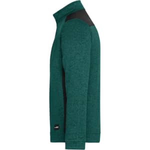 A side view of a men's knitted work fleece half-zip in teal with black shoulder accents and a logo.