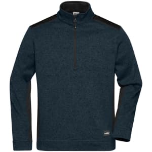 A navy blue men's knitted fleece half-zip with black shoulder panels and a logo on the front.