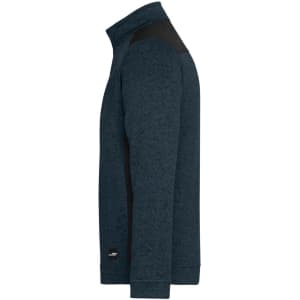 A half-zip fleece jacket in a dark blue colour with black shoulder accents and a logo.