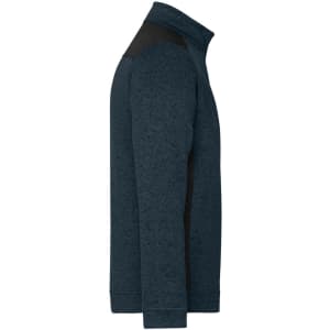 A side view of a men's knitted workwear fleece half-zip in navy blue with black accents and a logo.