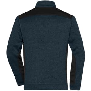 A navy blue half-zip fleece with black side panels and a collar, featuring a logo. Ideal for workwear.