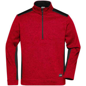 A red knitted fleece half-zip jumper with black accents and a logo on the hem.
