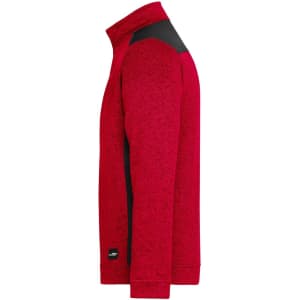 A red knitted fleece half-zip workwear jacket with black shoulder panels and a logo on the side.