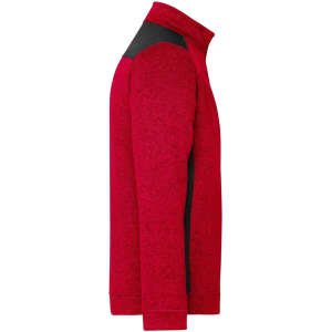 A red knitted workwear fleece half-zip garment with black accents, featuring a side view of the design.