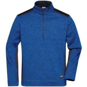 A blue knitted fleece half-zip pullover with black shoulder panels and a logo on the hem.