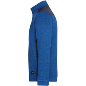 A blue knitted work fleece half-zip featuring black panel detailing and a logo on the hem.
