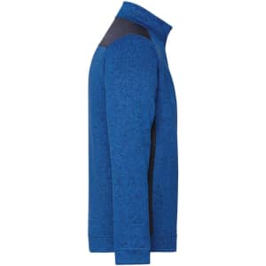 A blue knitted workwear fleece half-zip with a contrasting dark panel on the shoulders and a sleek side profile.
