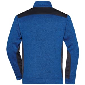A blue knitted work fleece with black accents and a half-zip design, featuring a logo.
