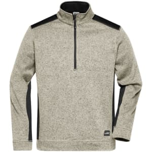 A mens knitted workwear fleece half-zip in light grey with black shoulder panels and a zippered collar.
