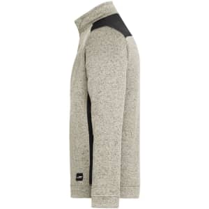 A men's knitted workwear fleece half-zip in light grey with black accents, featuring a logo on the hem.