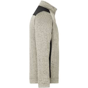 A grey knitted fleece half-zip jacket, featuring black accents and a logo. Ideal for workwear.