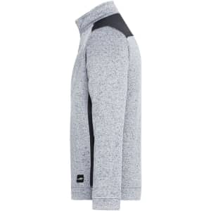 A grey men's knitted workwear fleece half-zip with black shoulder details, featuring a logo on the side.
