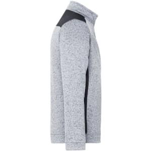 A knitted grey fleece half-zip jumper with black shoulder detailing and a logo on the front.