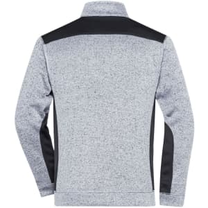 A grey knitted fleece half-zip workwear jacket with black accents and a logo on the back.