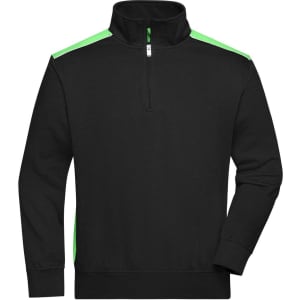 A black half-zip sweat jumper with green accents and a branded logo. Features a high collar and long sleeves.