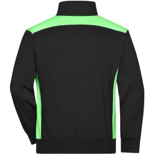 A black half-zip jumper with bright green accents and a logo on the back. Ideal for workwear settings.