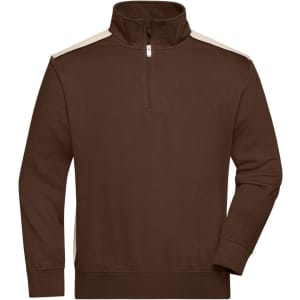 A brown half-zip sweatshirt featuring contrasting light brown shoulder stripes and a logo.