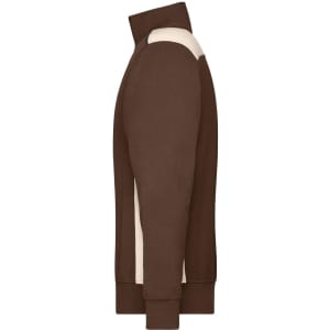 A brown and cream workwear half-zip sweat jumper with a relaxed fit and a side view. It features a logo.
