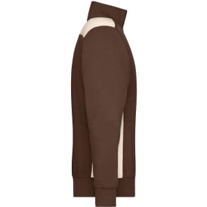 A brown workwear half-zip sweat jumper with cream accents and a logo on the chest. Side view displayed.