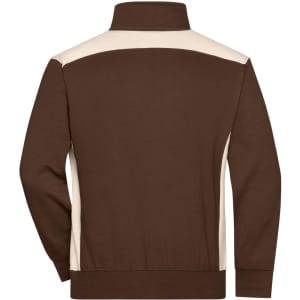 A brown half-zip sweatshirt with cream-coloured accents and a collar, featuring a branding logo.