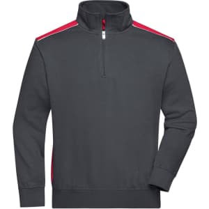 A grey half-zip sweatshirt featuring red accents and a small zippered collar. It has a logo on the chest.