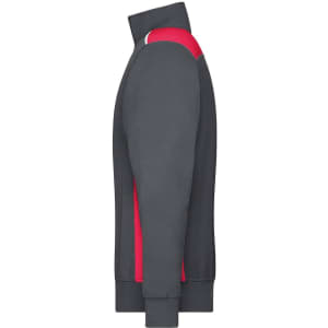 A half-zip sweat jumper in grey and red, featuring a logo on the side and ribbed cuffs.