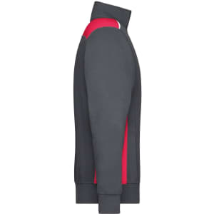 A half-zip sweatshirt in grey with red accents, featuring a sleek design and a logo.
