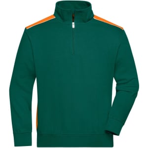 A green half-zip sweatshirt featuring orange shoulder stripes and a stand-up collar. Includes a logo on the front.