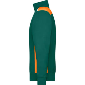 A green half-zip sweatshirt with orange detailing and a logo on the side. Suitable for workwear or casual wear.