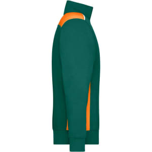 A green half-zip sweatshirt with orange detailing, featuring a logo on the sleeve.