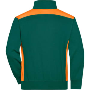 A green half-zip sweatshirt featuring an orange upper panel and a logo on the back.
