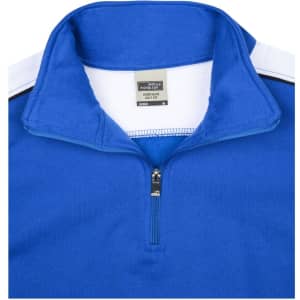 A blue half-zip sweat jumper featuring a collar and a branded label inside.