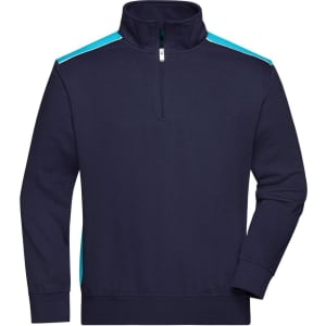 A navy half-zip sweat jumper with turquoise detailing and a branded logo on the chest.