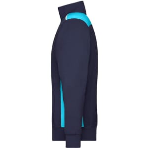 A half-zip sweat in navy blue with aqua accents, featuring a logo on the chest and ribbed cuffs.
