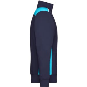 A navy half-zip sweat jumper featuring turquoise panels, designed for workwear. Includes a logo on the garment.