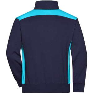 A navy workwear half-zip sweatshirt with turquoise detailing on the back and collar. It features a logo.