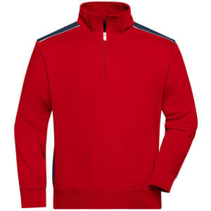 A red half-zip sweatshirt featuring navy accents and a collar. It includes a logo on the front.