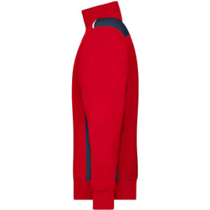 A red half-zip work jumper with a navy panel along the side and a high collar, featuring a logo.