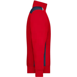 A red half-zip sweatshirt with a navy panel on the side, featuring a logo on the chest.