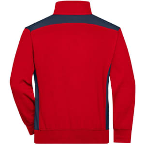 A red half-zip sweatshirt with navy accents, featuring a zipped collar and long sleeves, displaying a logo.