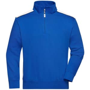 A blue half-zip sweatshirt with white shoulder stripes and a zippered neck, featuring a logo on the front.