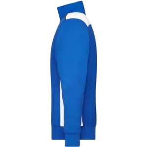 A blue half-zip work jumper featuring a white panel on the side, with a logo on the front.