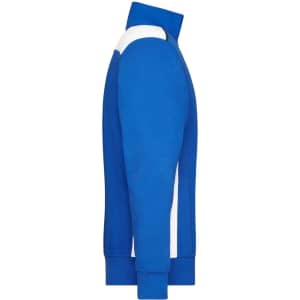 A blue half-zip sweat jumper with white accents, featuring a side view and a brand logo.