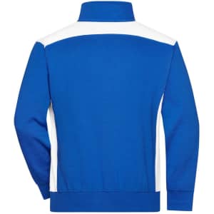 A blue half-zip sweatshirt with white panels on the shoulders and a collar. It features a logo on the front.