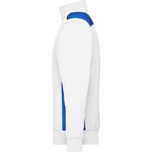 A half-zip sweat jumper in white with blue side panels and a logo on the front.