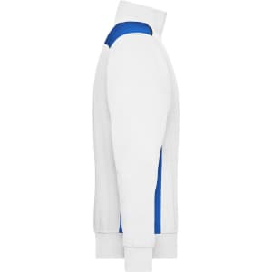 A white half-zip sweat jumper featuring blue side panels. The garment has a collar and elasticated cuffs.