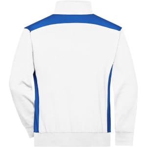 A white half-zip sweat jumper with blue side panels and a collar, featuring a branding logo.