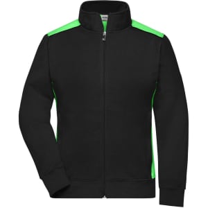 A black sweat jacket with green accents, featuring a zip front and a collar. It has a logo on the chest.