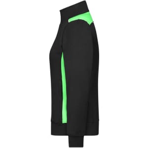 A black sweat jacket with green accents, featuring a high collar and a logo on the side.