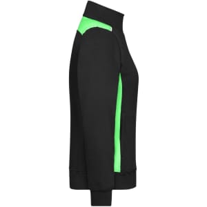 A black sweat jacket with vibrant green side panels and a high collar, featuring a logo on the front.